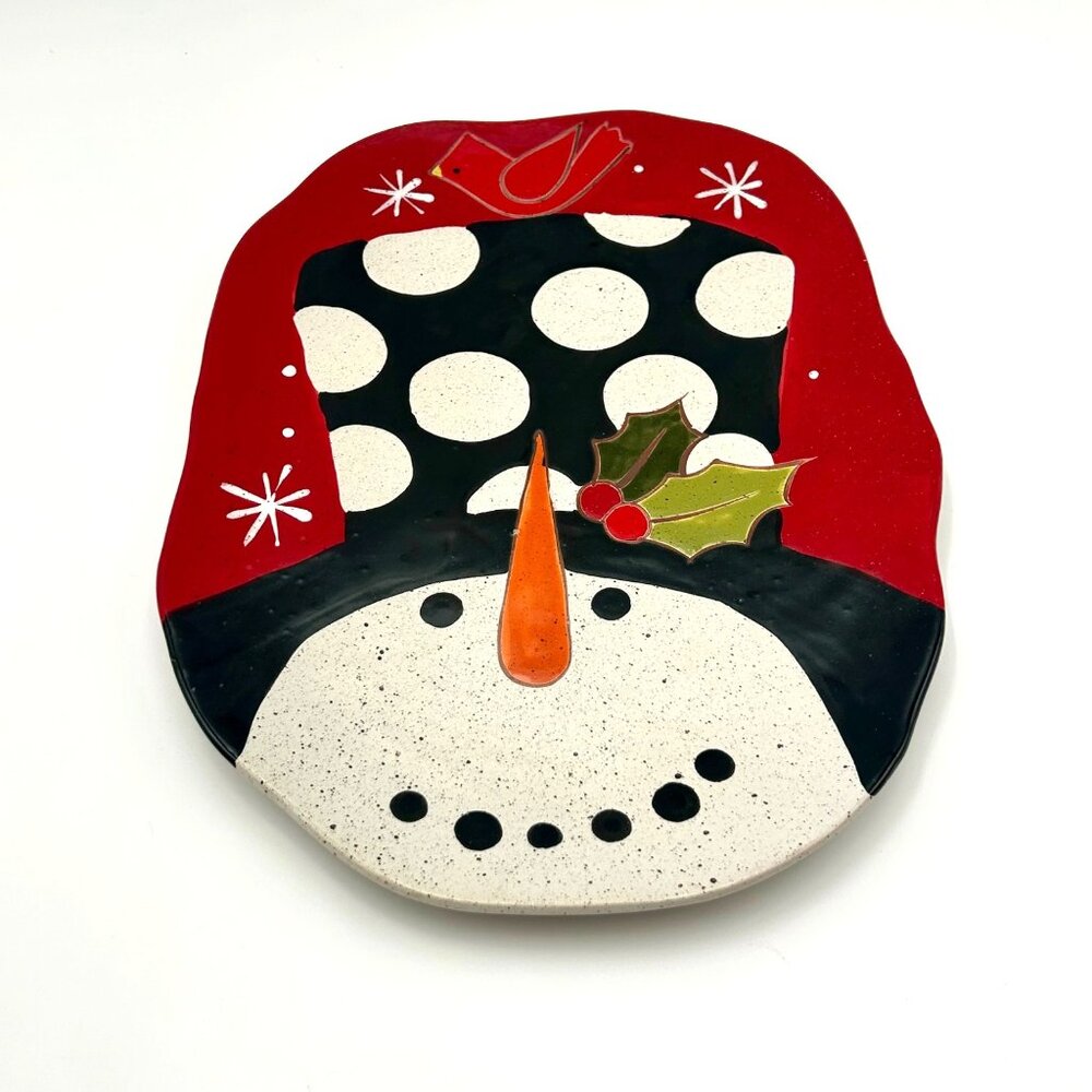 Festive Grasslands Road Snowman Ceramic Serving Platter With Polka Dot Hat & Hol